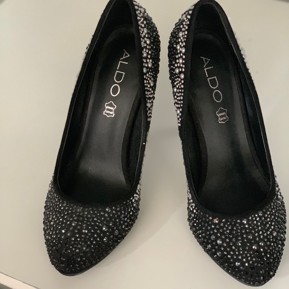 Aldo Genuine Leather black heels with Rhinestones